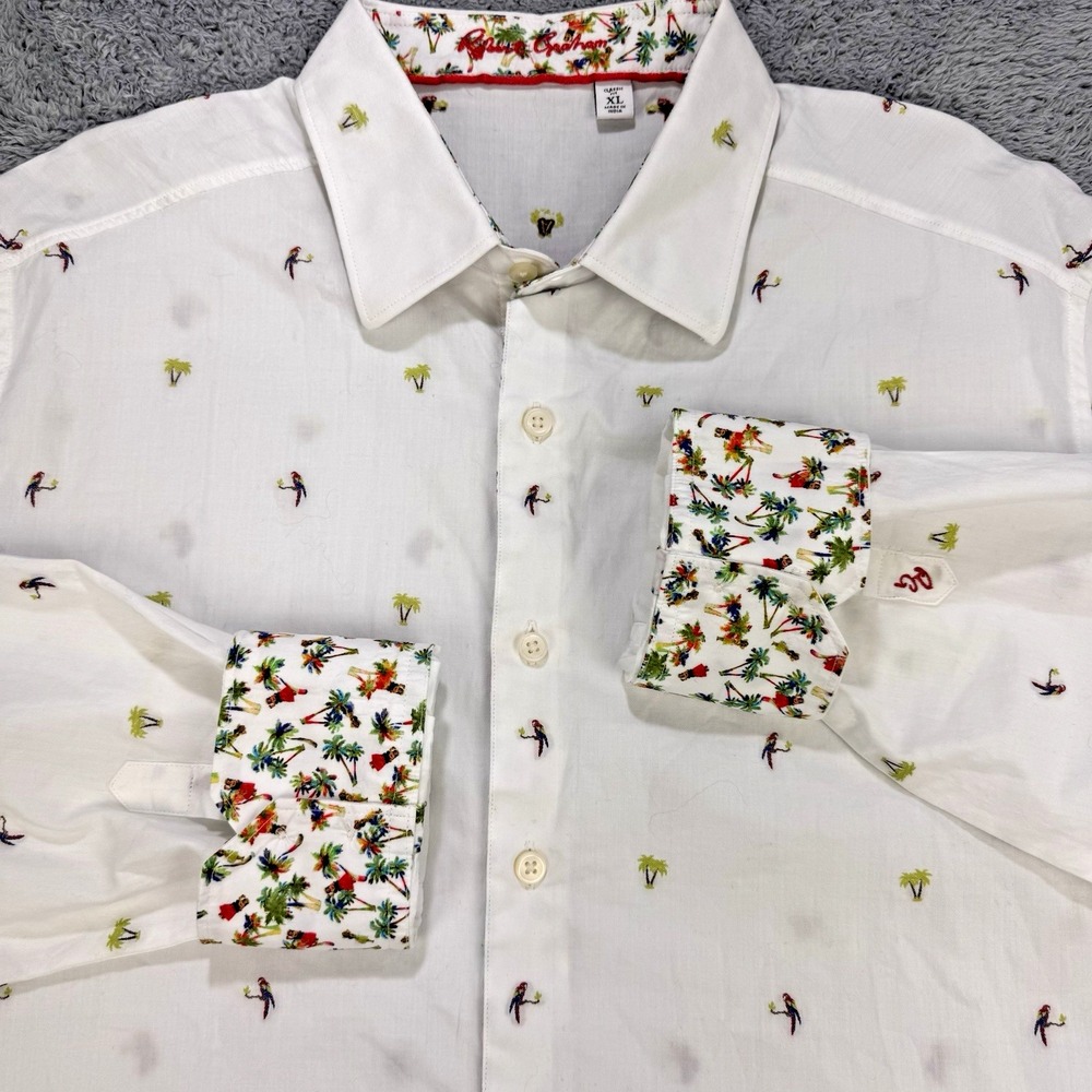 Robert Graham Shirt Men XL White Macaws Palm Tree Flip Cuff Button Front Beach